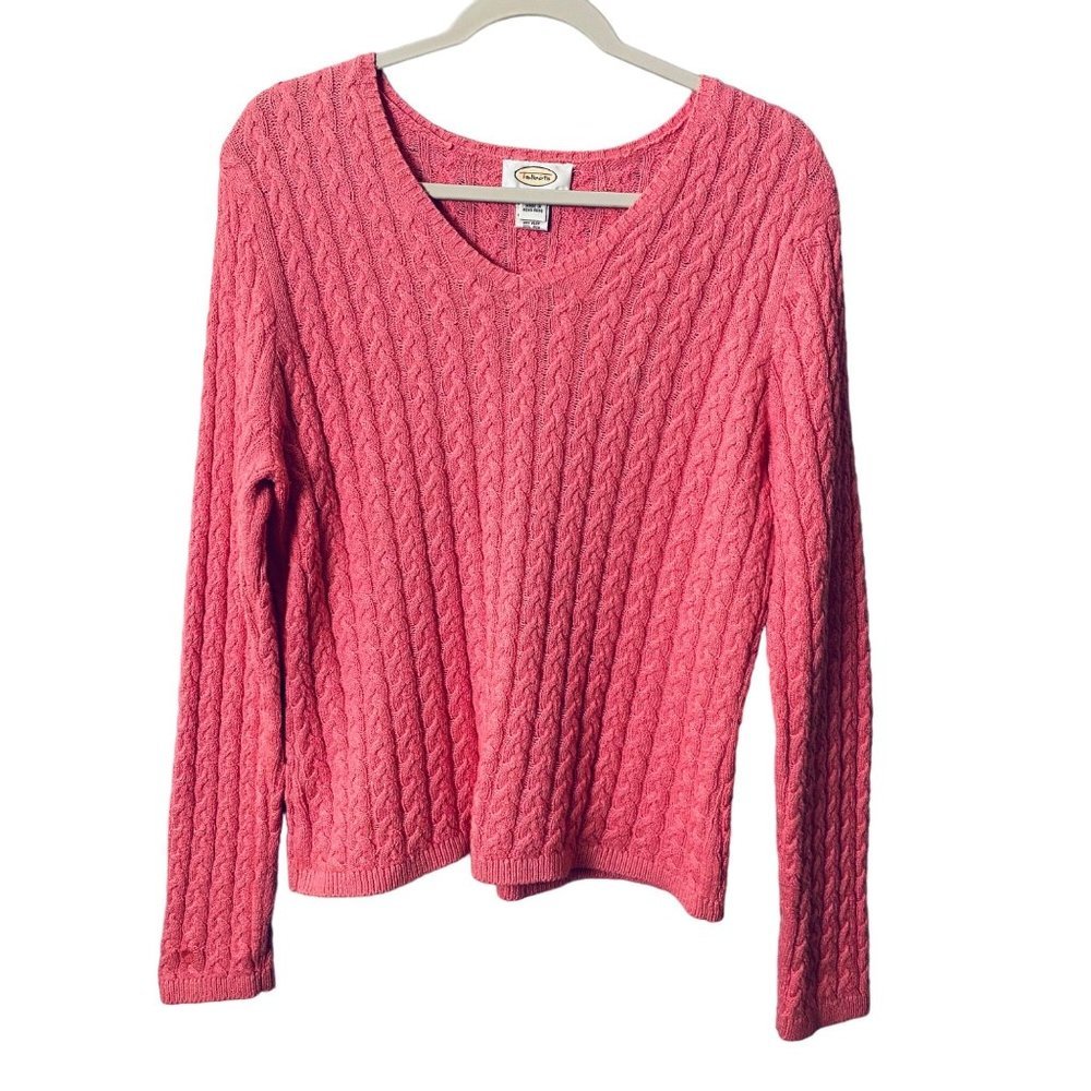 Talbots Women Size Large V-Neck Mini Cable Knit Cotton Blend Long Sleeve Sweater